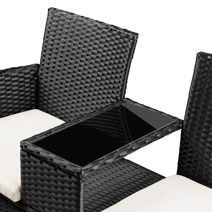 Divano Panca da Giardino Nero in Polyrattan Panchina Divanetto con Ripiano Vetro