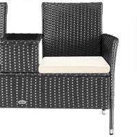 Divano Panca da Giardino Nero in Polyrattan Panchina Divanetto con Ripiano Vetro