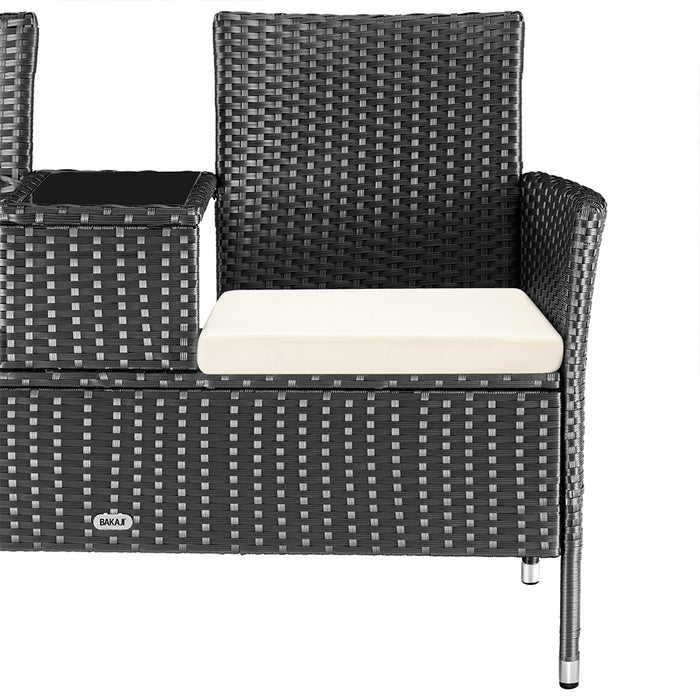 Divano Panca da Giardino Nero in Polyrattan Panchina Divanetto con Ripiano Vetro