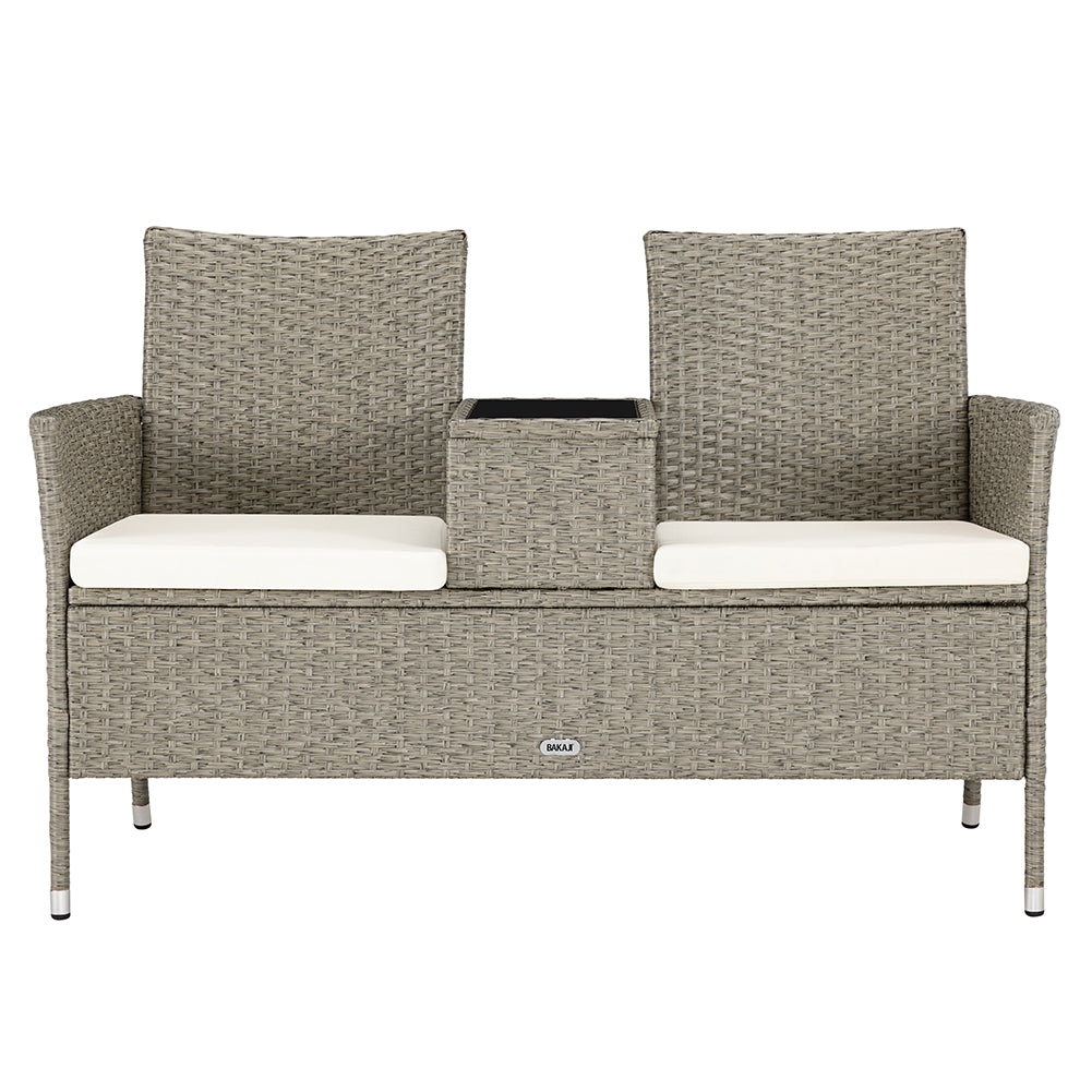 Divano Panca da Giardino Crema in Polyrattan Panchina Divanetto con Ripiano Vetro