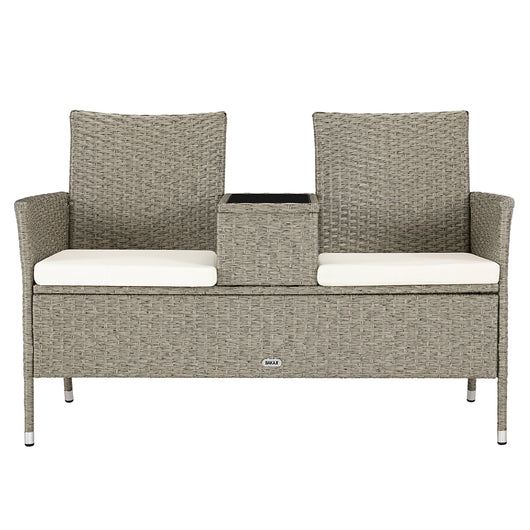 Divano Panca da Giardino Crema in Polyrattan Panchina Divanetto con Ripiano Vetro