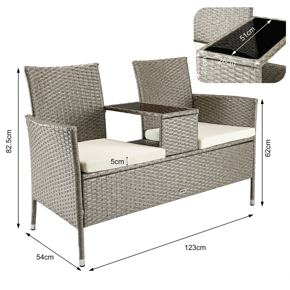 Divano Panca da Giardino Crema in Polyrattan Panchina Divanetto con Ripiano Vetro