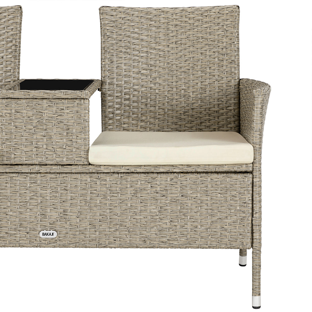 Divano Panca da Giardino Crema in Polyrattan Panchina Divanetto con Ripiano Vetro