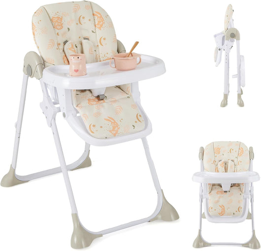 Seggiolone Pappa Pieghevole per Bambini, Seggiolone Portabile con Schienale e Altezza Regolabili, con Ruote, per Bambini 6-36 Mesi, Grigio (Beige)