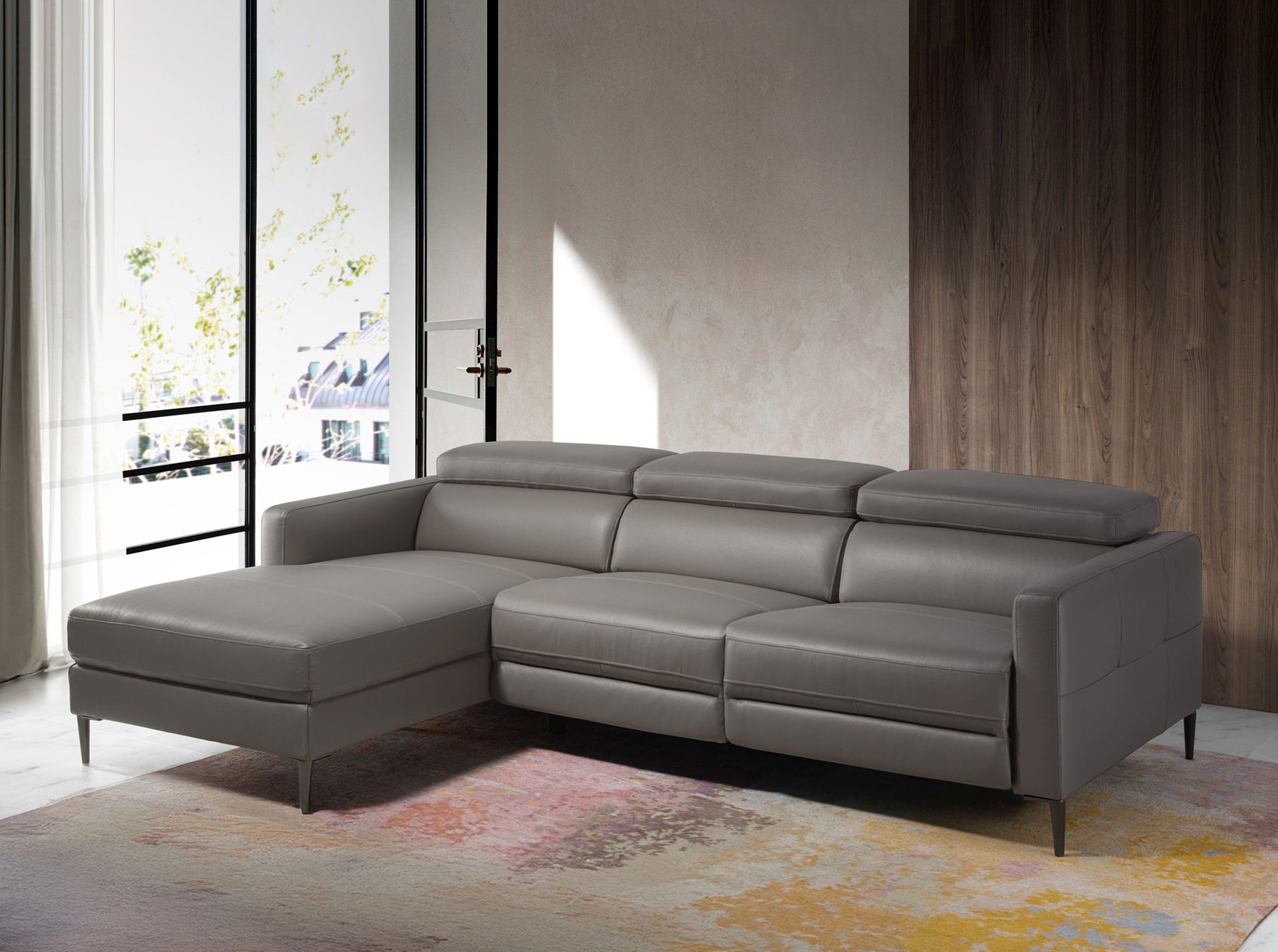 Divano relax con chaise longue a sinistra in pelle grigio scuro