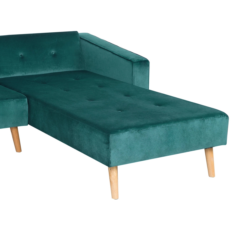 Divano letto ad angolo con 3 cuscini Rivestimento in velluto verde Gambe in legno chiaro Chaise longue reclinabile versione sinistra a 4 posti