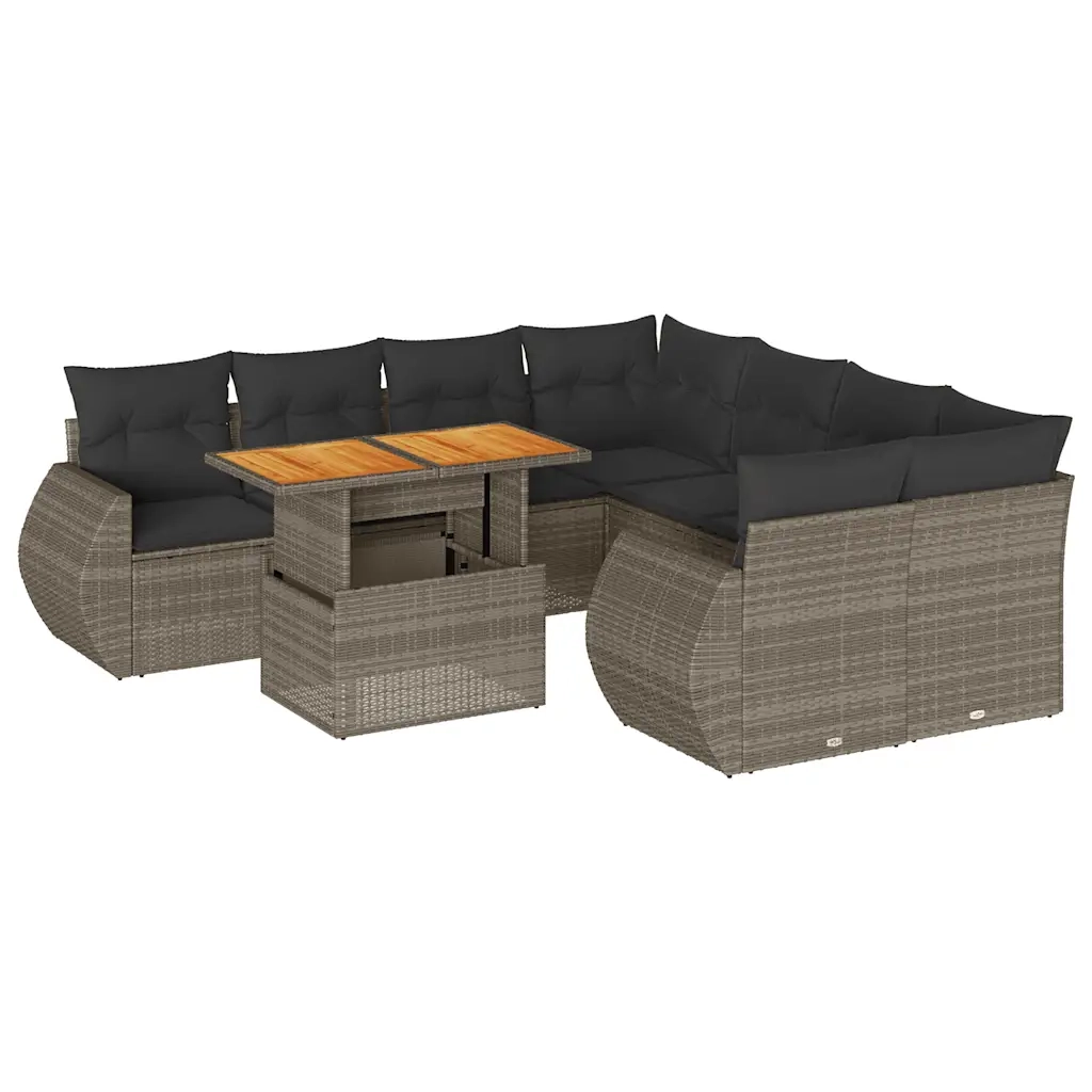 Set Divano da Giardino 9 pz con Cuscini Grigio in Polyrattan