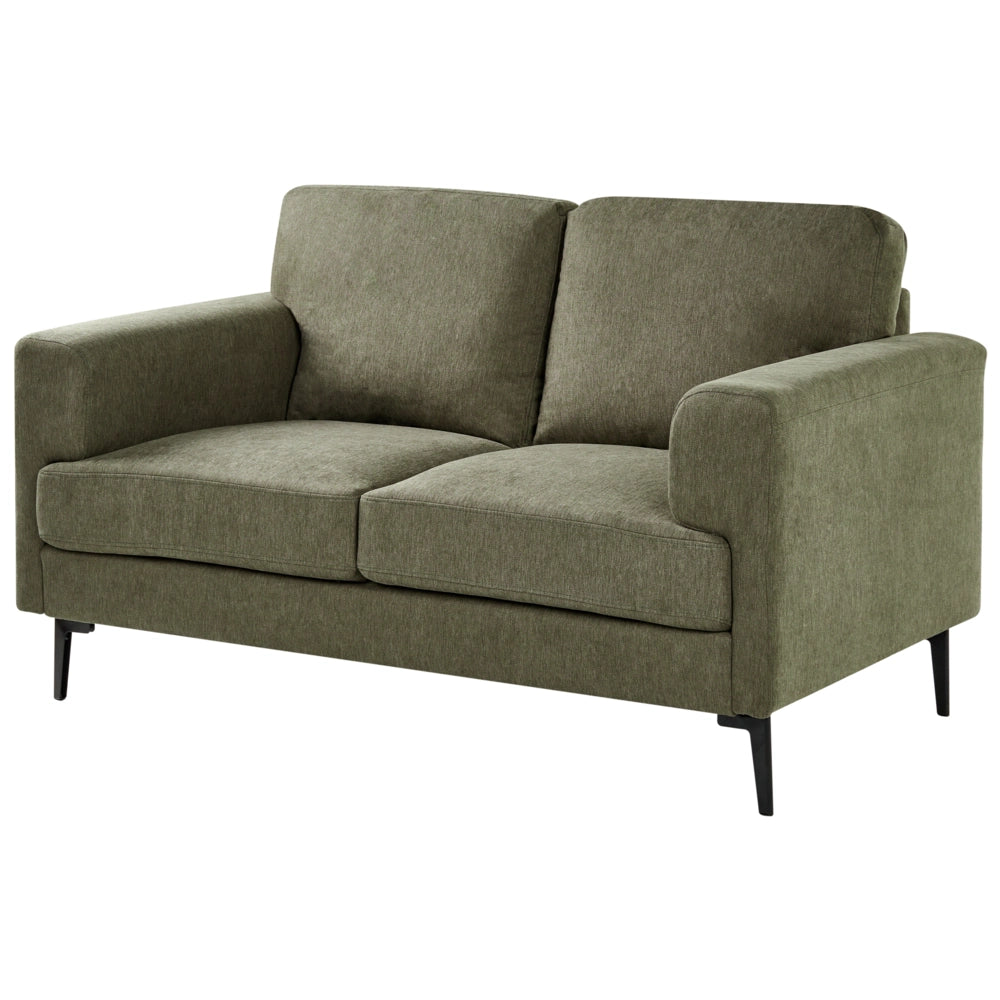 Divano minimalista moderno di metà secolo in tessuto a 2 posti con gambe in metallo rivestite e braccioli verde