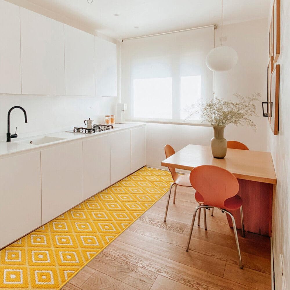 Tappeto Casa Cucina Rombi 3D 50X115 Cm Bordato Moderno Assorbente Antiscivolo Giallo