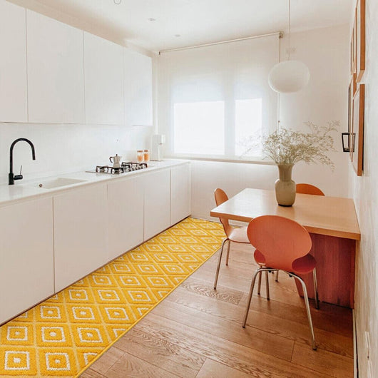 Tappeto Casa Cucina Rombi 3D 50X290 Cm Bordato Moderno Assorbente Antiscivolo Giallo
