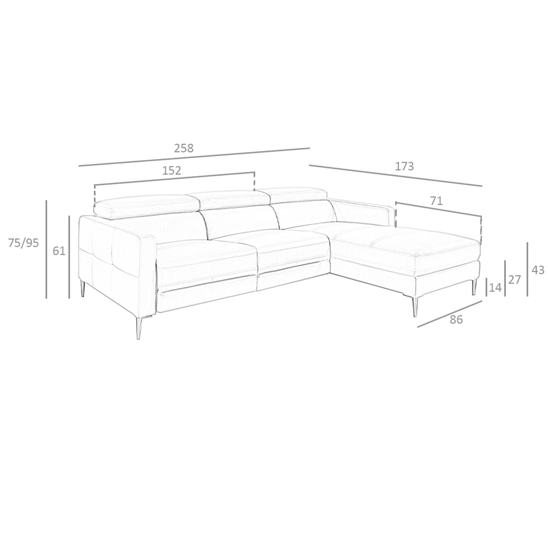 Divano relax chaise longue destro in pelle grigio scuro