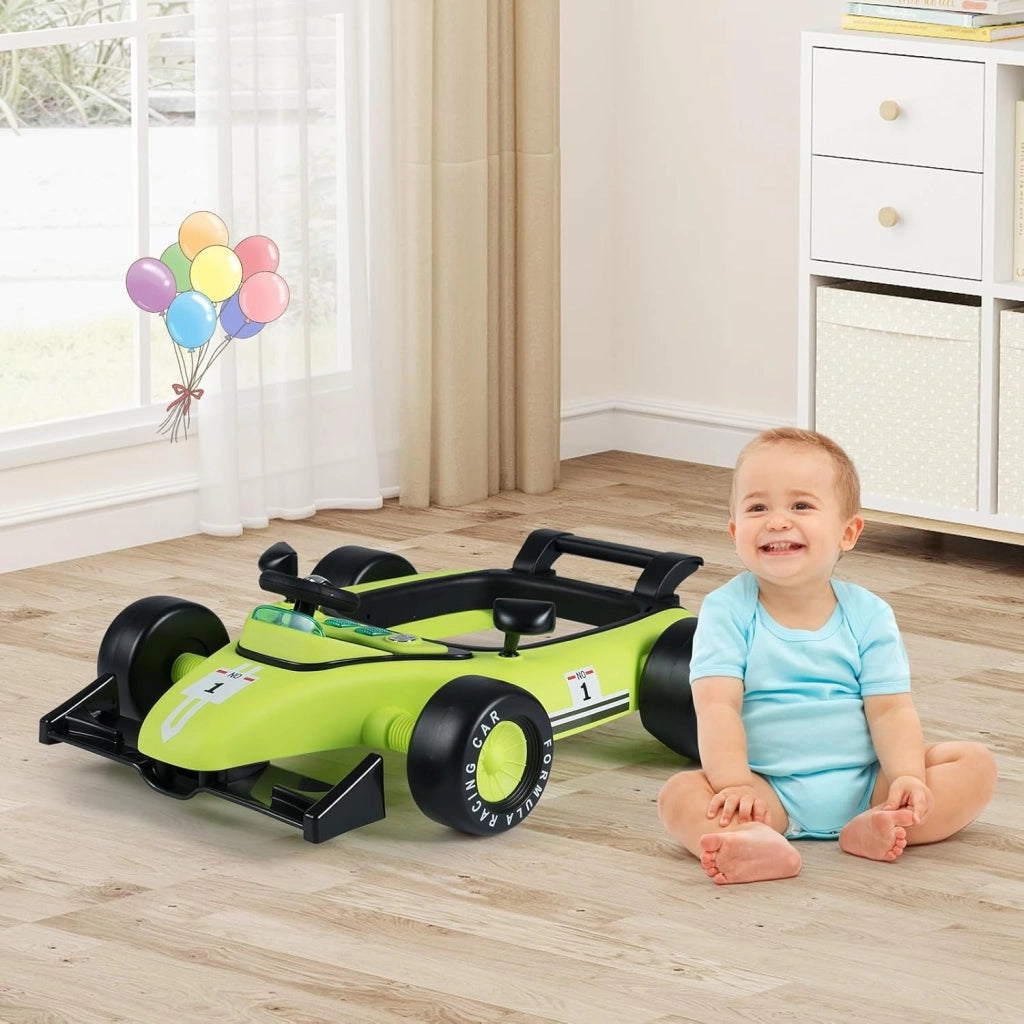 Girello per Bambini 6-18 Mesi, Baby Walker 4 in 1 con Musica e Luci, Primi Passi Piegevole e Portatile, Altezza e Velocità Regolabili, Carrello da Spinta, Forma di Macchinina (Blu + Verde)