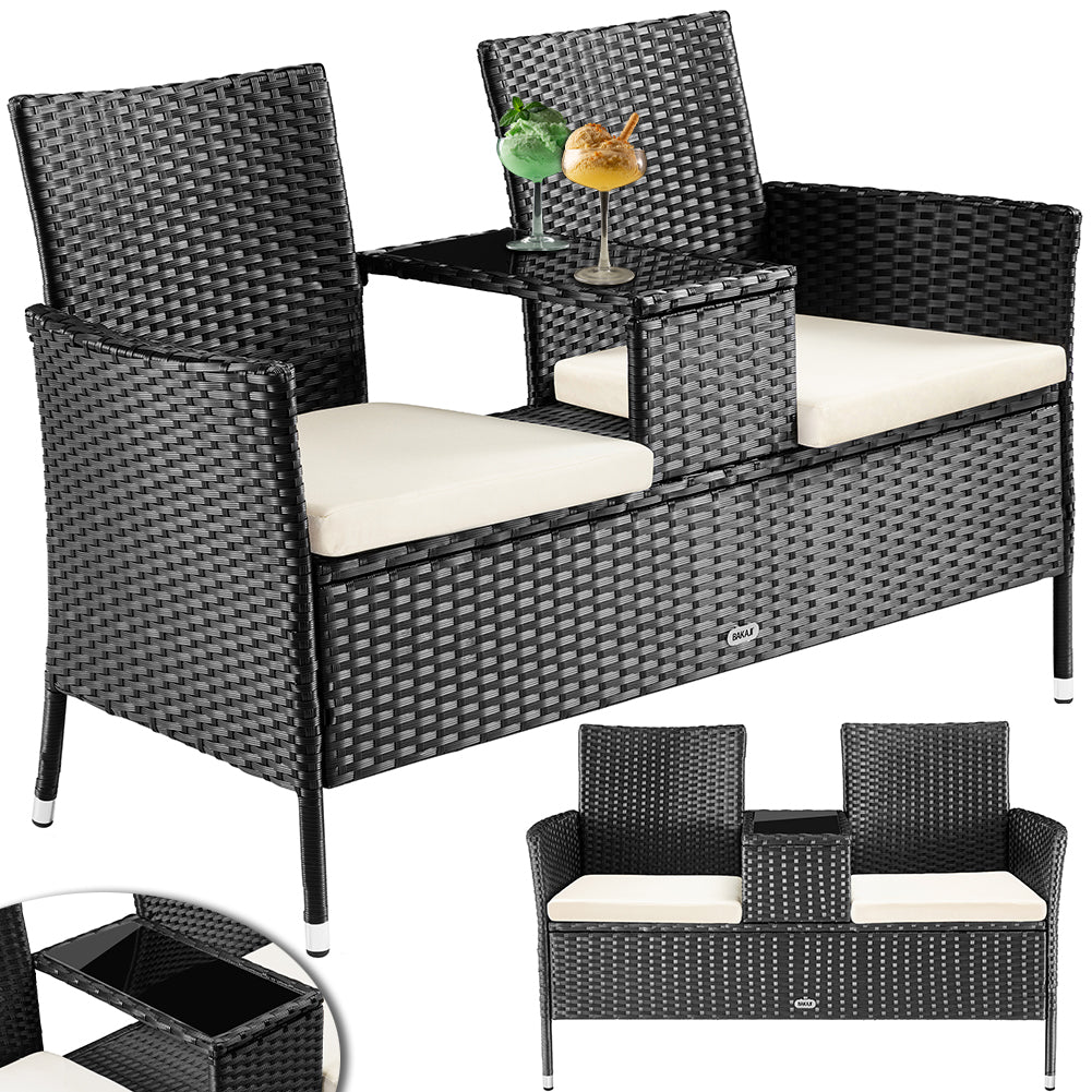 Divano Panca da Giardino Nero in Polyrattan Panchina Divanetto con Ripiano Vetro