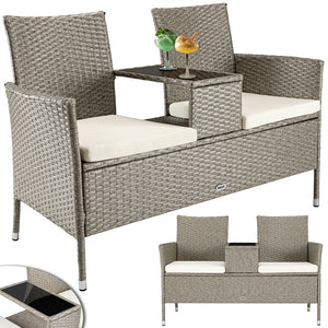 Divano Panca da Giardino Crema in Polyrattan Panchina Divanetto con Ripiano Vetro