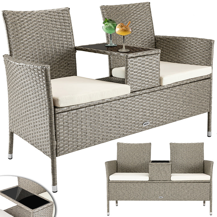 Divano Panca da Giardino Crema in Polyrattan Panchina Divanetto con Ripiano Vetro