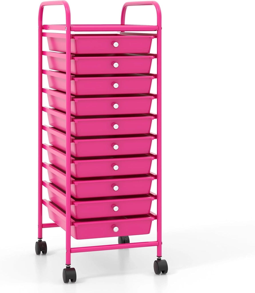 Carrello Portaoggetti con 10 Cassetti Impilabili, Struttura in Metallo e Ruote Bloccabili, Organizer Multiuso per Cucina e Ufficio