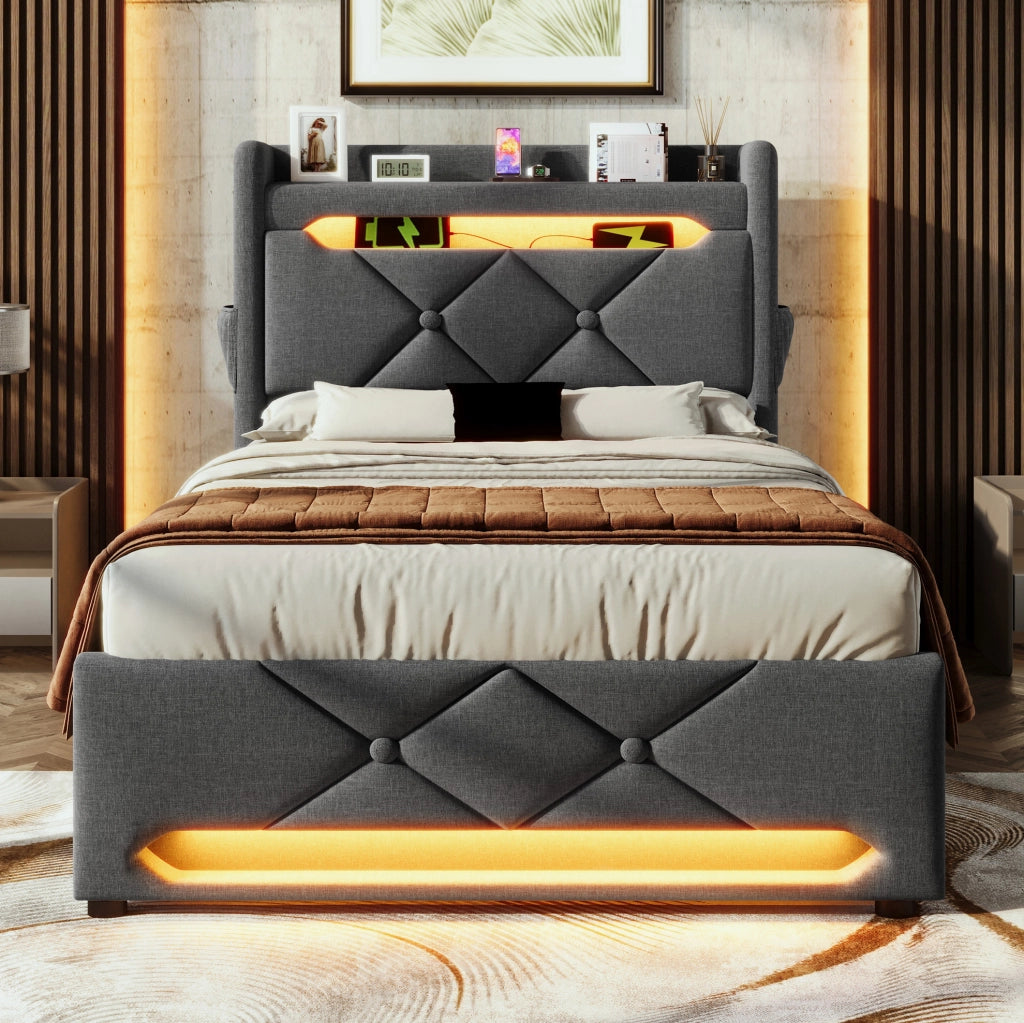 Letto singolo imbottito 90x200 cm con LED, USB-C e contenitore