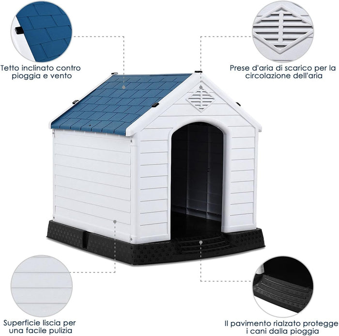 Cuccia per Cani da Esterno Impermeabile, Canile Villa per Cani in PP Resina, Bianco/Blu (69 x 64 x 71 cm)