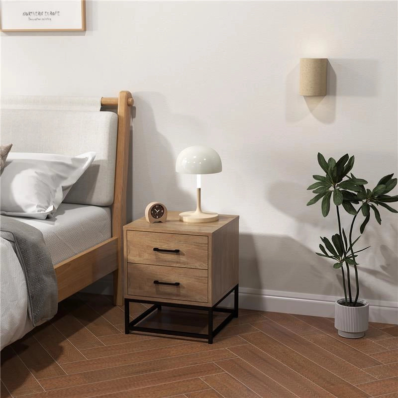 SET DI 2 COMODINI CON 2 CASSETTI STILE INDUSTRIALE IN LEGNO E ACCIAIO COLORE LEGNO