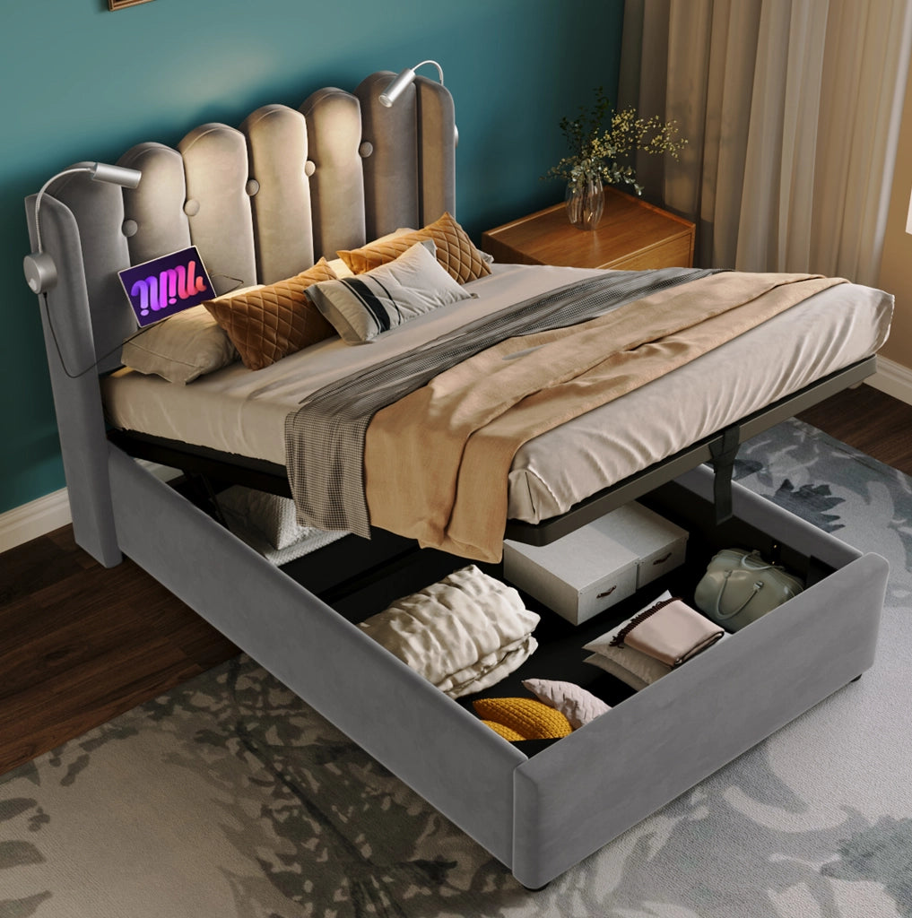 Letto singolo 90x200 cm con contenitore; luce da lettura e porta USB; velluto grigio