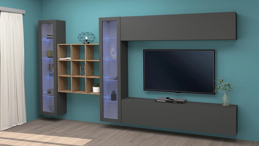 Parete attrezzata moderna mobile TV sospeso libreria antracite 2 vetrine Eron RT