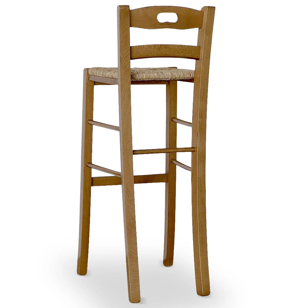 Sgabello alto da bar in legno noce chiaro con manico h 80 cm seduta in paglia