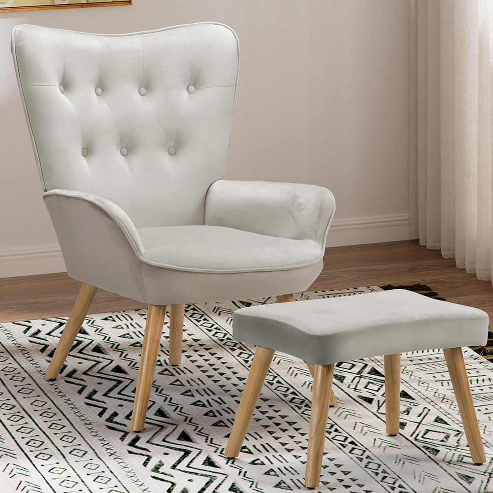 Poltrona con Sgabello da Salotto in Velluto Grigio Sedia con Poggiapiedi Moderno