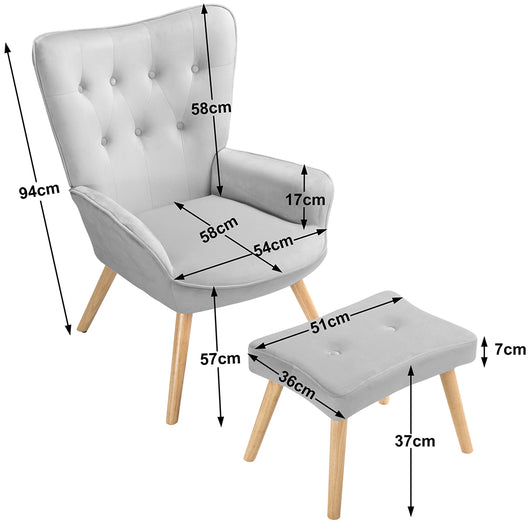 Poltrona con Sgabello da Salotto in Velluto Grigio Sedia con Poggiapiedi Moderno