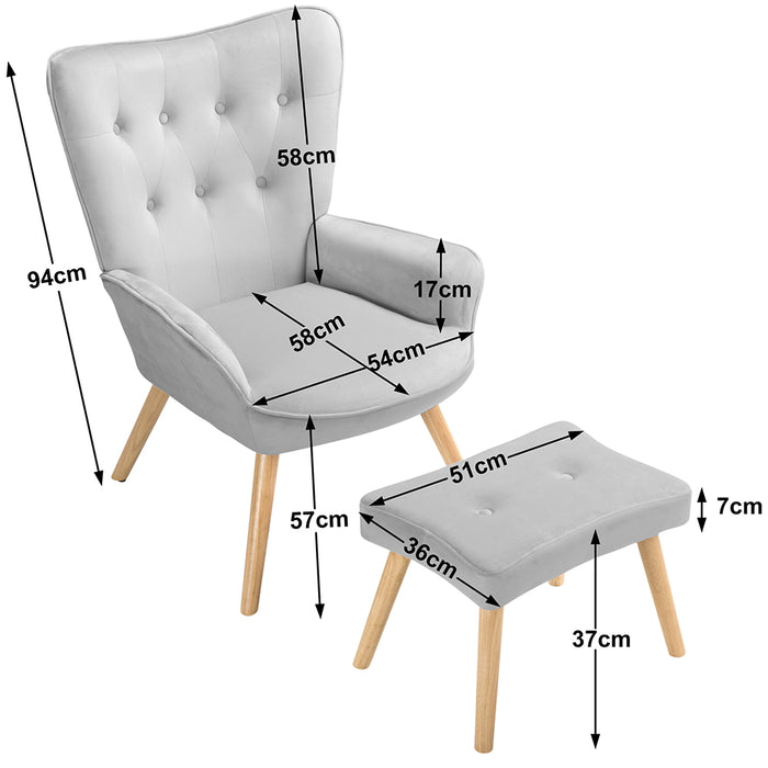 Poltrona con Sgabello da Salotto in Velluto Grigio Sedia con Poggiapiedi Moderno