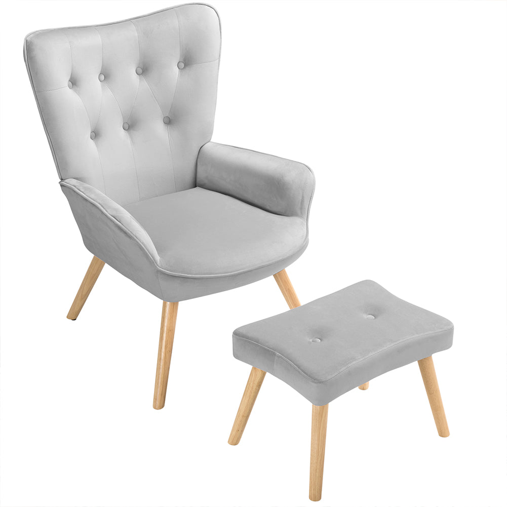 Poltrona con Sgabello da Salotto in Velluto Grigio Sedia con Poggiapiedi Moderno