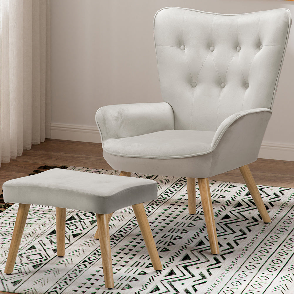 Poltrona con Sgabello da Salotto in Velluto Grigio Sedia con Poggiapiedi Moderno