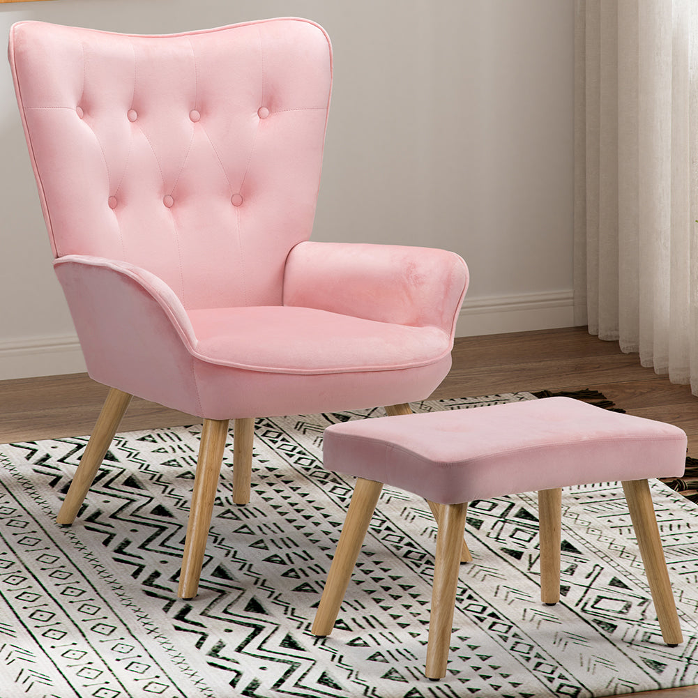 Poltrona con Sgabello da Salotto in Velluto Rosa Sedia con Poggiapiedi Moderno