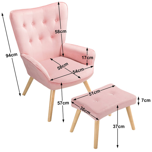 Poltrona con Sgabello da Salotto in Velluto Rosa Sedia con Poggiapiedi Moderno