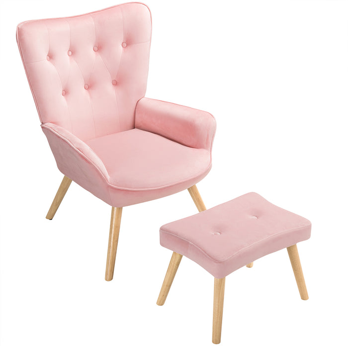 Poltrona con Sgabello da Salotto in Velluto Rosa Sedia con Poggiapiedi Moderno