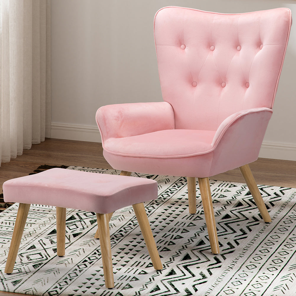 Poltrona con Sgabello da Salotto in Velluto Rosa Sedia con Poggiapiedi Moderno