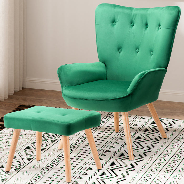 Poltrona con Sgabello da Salotto in Velluto Verde Sedia con Poggiapiedi Moderno