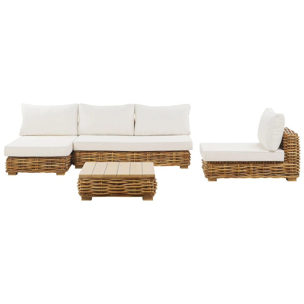 Set di conversazione da giardino cuscini bianchi in rattan naturale divano da esterno con tavolino sinistro