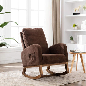 Poltrona a Dondolo Marrone in Tessuto Struttura in Legno Sedia Relax Dondolante