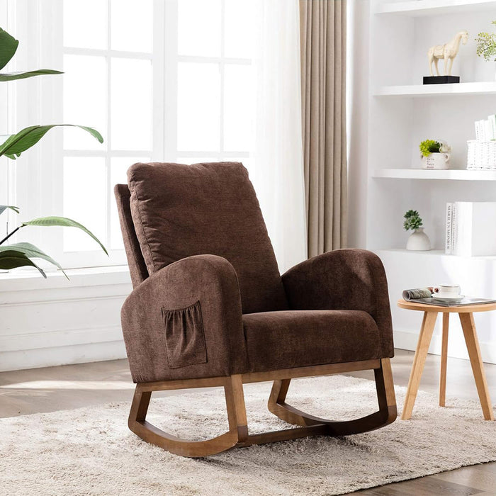 Poltrona a Dondolo Marrone in Tessuto Struttura in Legno Sedia Relax Dondolante