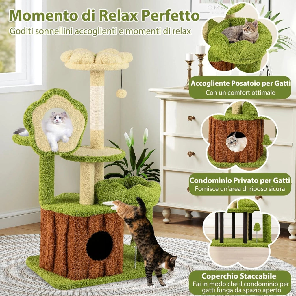 Albero per Gatti, Albero Tiragraffi per Gatto con Condominio Tronco, Trespolo a Fiore, Letto Morbido, Pompon, Giocattolo a Molla e Piattaforme, Tiragrafffi per Gatti da Interno