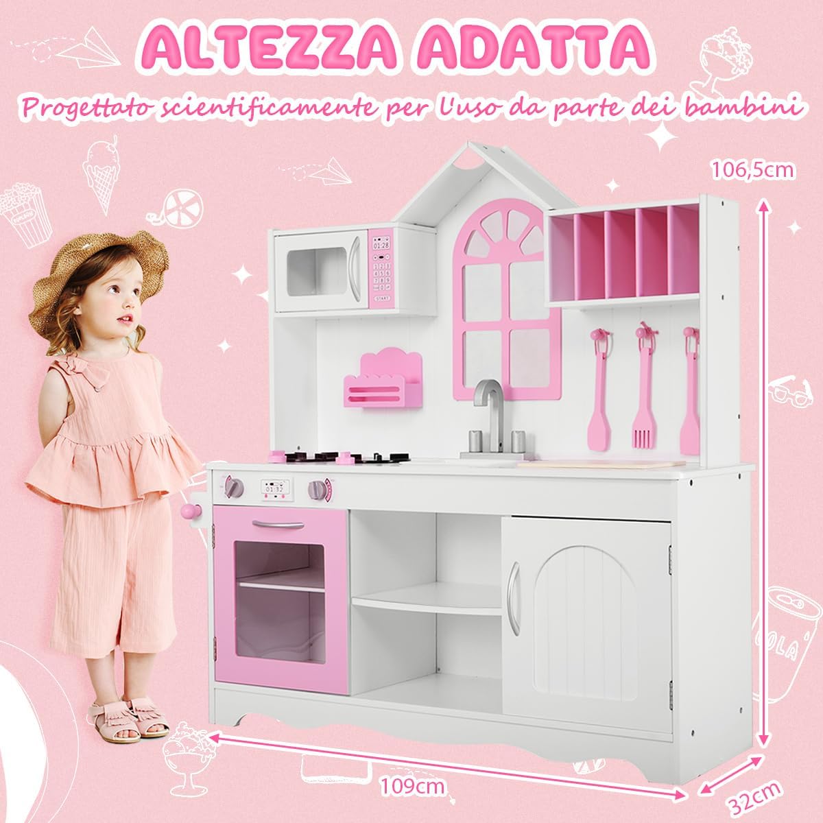 Set da Cucina Giocattolo per Bambini, Set da Cucina in Legno con Accessori da Cucina, Set da Cucina Giocattolo con Pentole in Legno per Bambini, per Bambini 3+ Anni