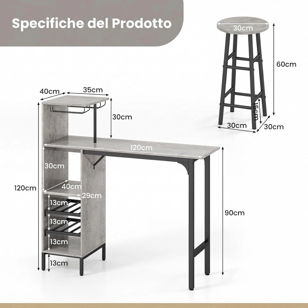 Set 3 Pezzi Tavolo e Sedie da Bar, Tavolo e Sgabelli da Pub Industriale con Porta Calici e 6 Portabottiglie da Vino, Set di Tavolo per Sala da Pranzo, Ristorante e Bar (Grigio)