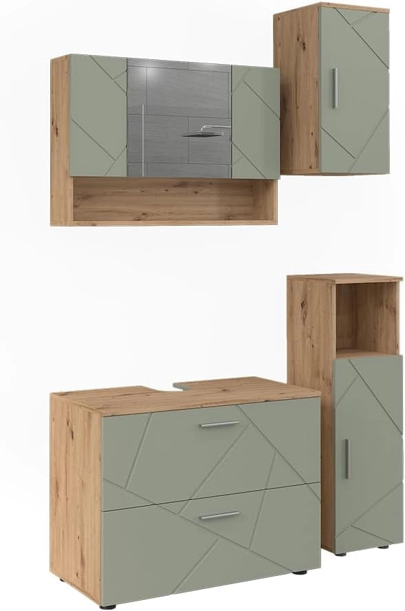 Set di mobili da bagno Irma, Verde salvia, 80 cm, composto da mobile sottolavabo, specchiera, armadio medio e pensile