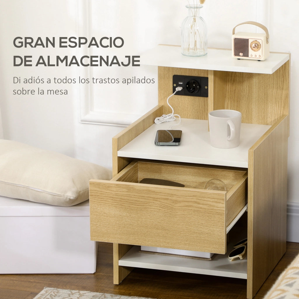 Comodino con USB, presa, cassetto e ripiani ¨C zephmum ¨C 40x40x60 cm, naturale