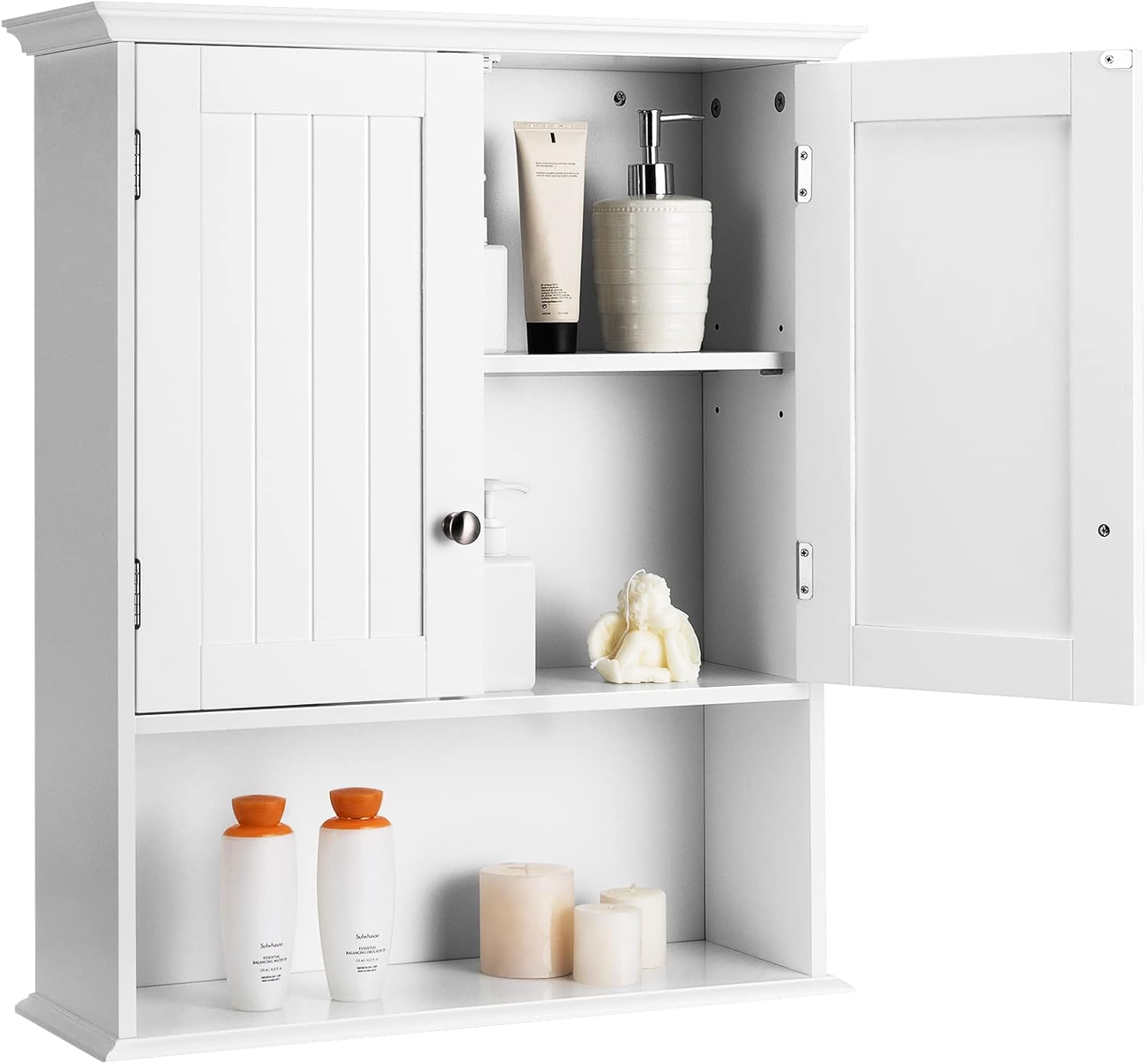 Mobile da Bagno a Parete, Armadietto Bagno in Legno con Ante e Ripiani, Mobile Multiuso per Bagno, Cucina, Camera da Letto, 60 cm x 19 cm x 71 cm, Bianco