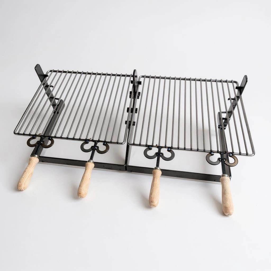 Griglia in ferro regolabile su più altezze, bistecchiera con manici in legno, per barbecue e camino per carne pesce verdure 90x36cm