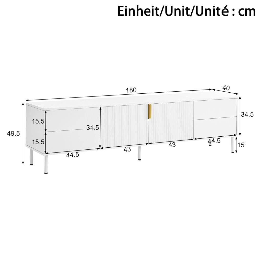 Mobile TV bianco 180x40x49;5 cm con 4 cassetti e ante scanalate