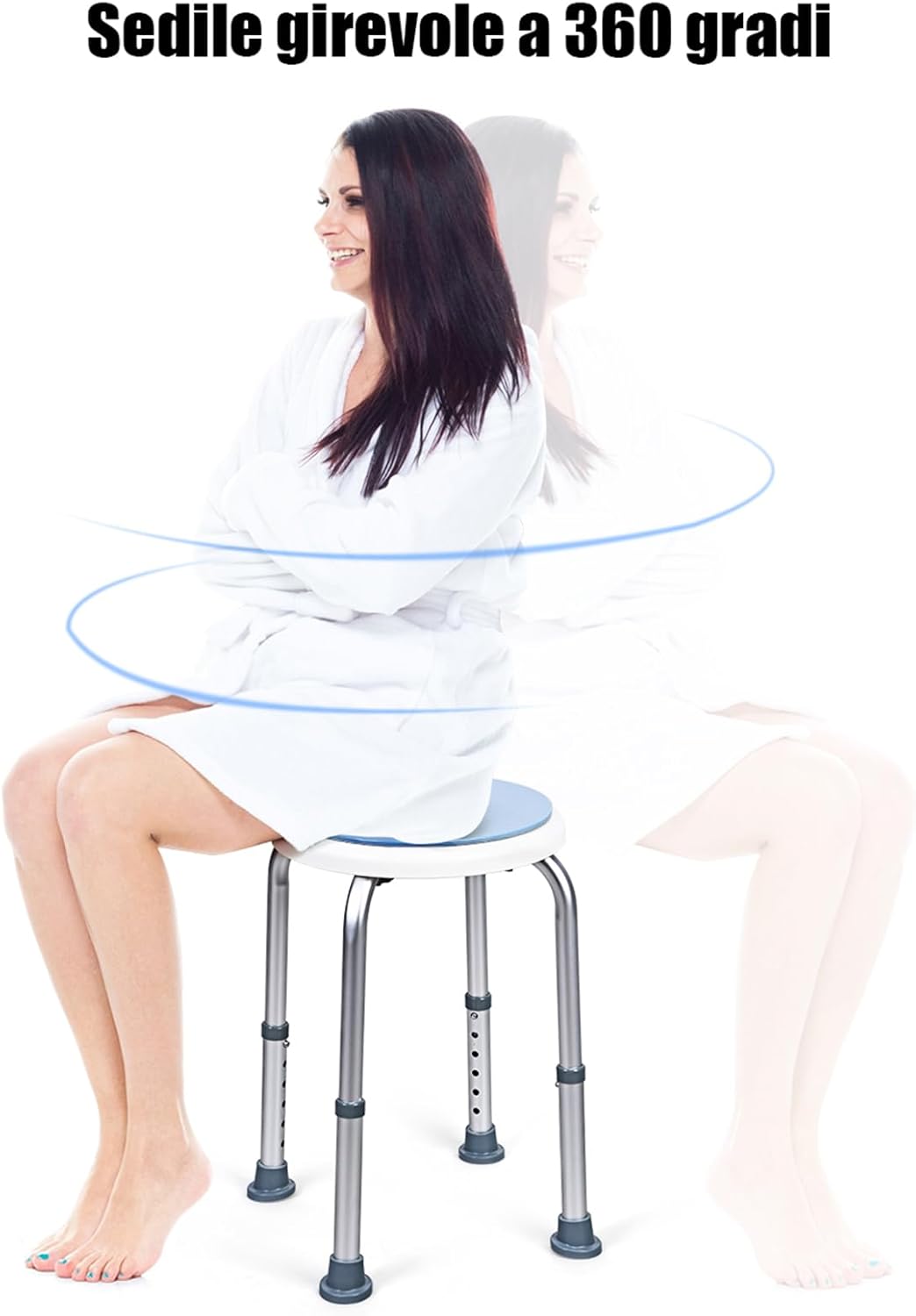 Sgabello per Doccia Girevole a 360°, Regolazione in Altezza, Gambe in Alluminio Resistenti alla Ruggine, Stabile e Antiscivolo, Sedile Comodo per Anziani e Disabili
