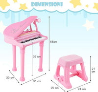 Tastiera Pianoforte a 31 Tasti con Microfono e Sgabello, Pianoforte Giocattolo Portatile con Modalità di Insegnamento a LED, Pianoforte a Coda per Bambini 3+ Anni (Rosa), 35 x 30 x 55 cm