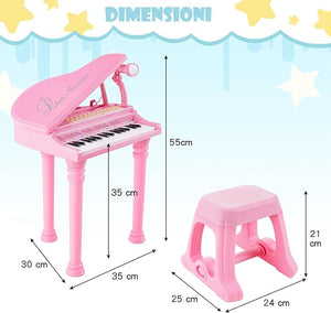 Tastiera Pianoforte a 31 Tasti con Microfono e Sgabello, Pianoforte Giocattolo Portatile con Modalità di Insegnamento a LED, Pianoforte a Coda per Bambini 3+ Anni (Rosa), 35 x 30 x 55 cm